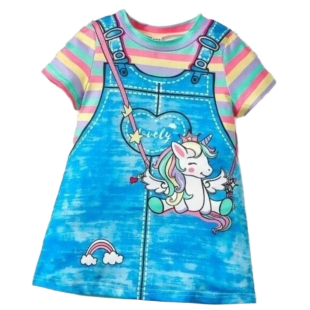 Girl's rainbow Unicorn striped dress sz 5-6Y